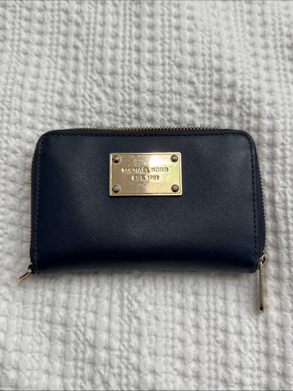 Michael Kors Navy Saffiano Zip-Around Wallet with Gold Plate
